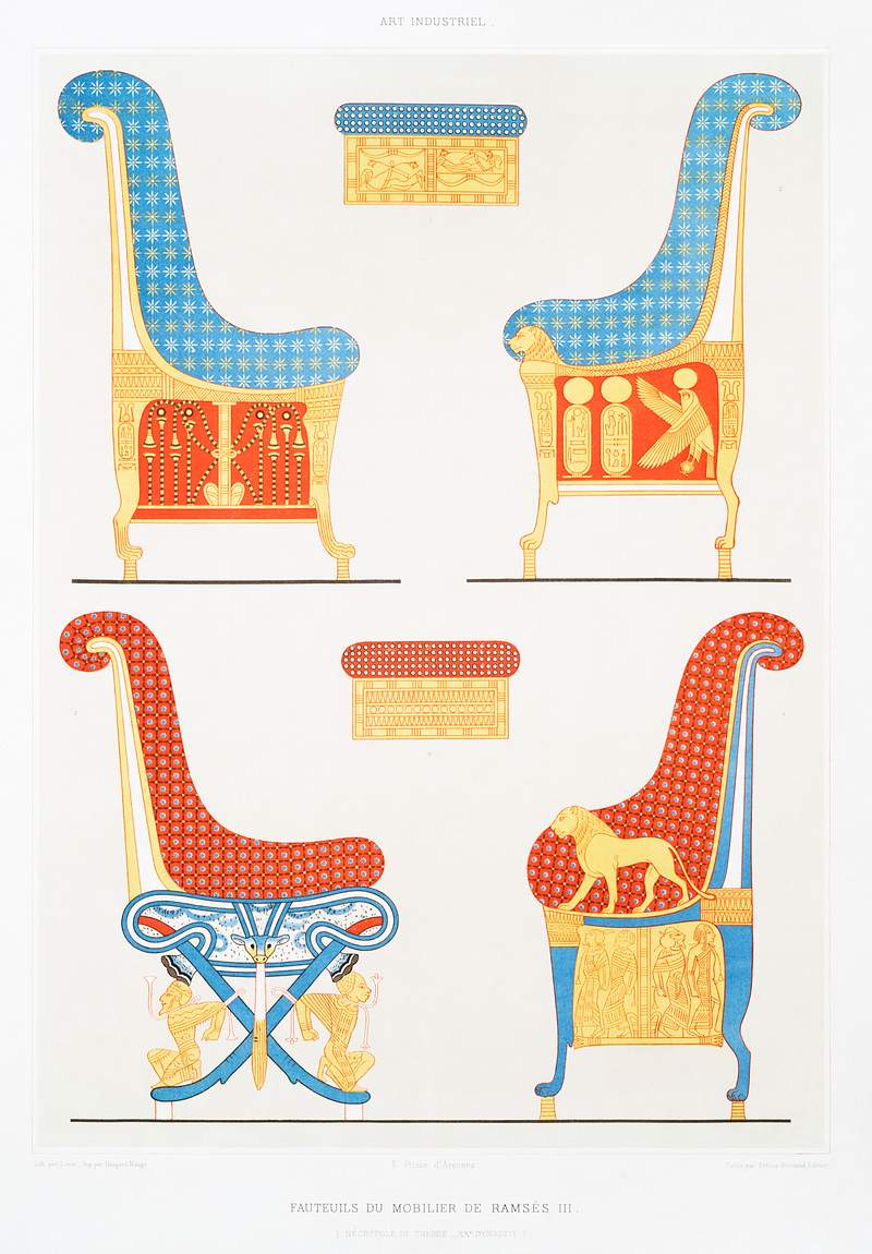 Armchairs of Ramses III from Histoire de l'art égyptien (1878) by Émile Prisse d'Avennes. Original from The New…