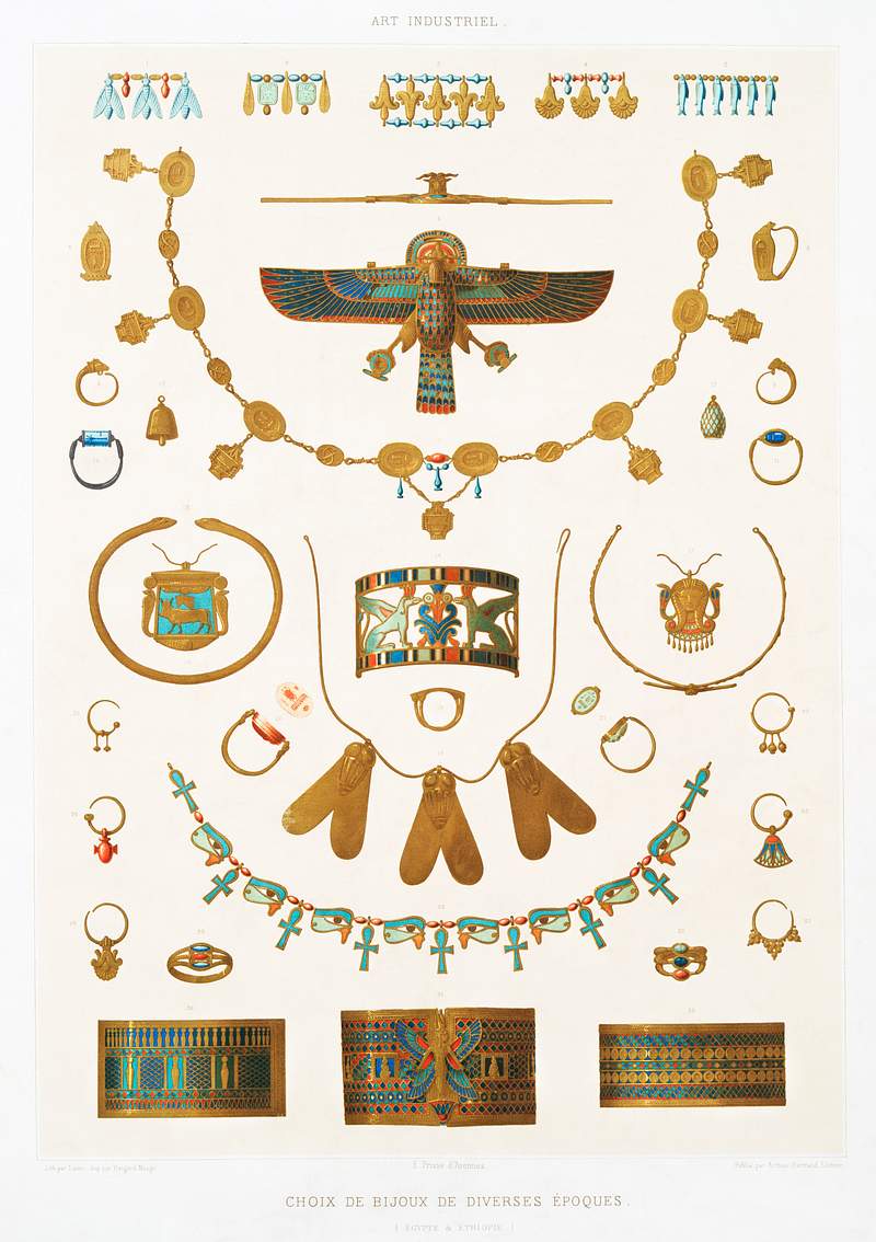 Various of jewelry from different eras from Histoire de l'art égyptien (1878) by Émile Prisse d'Avennes.…