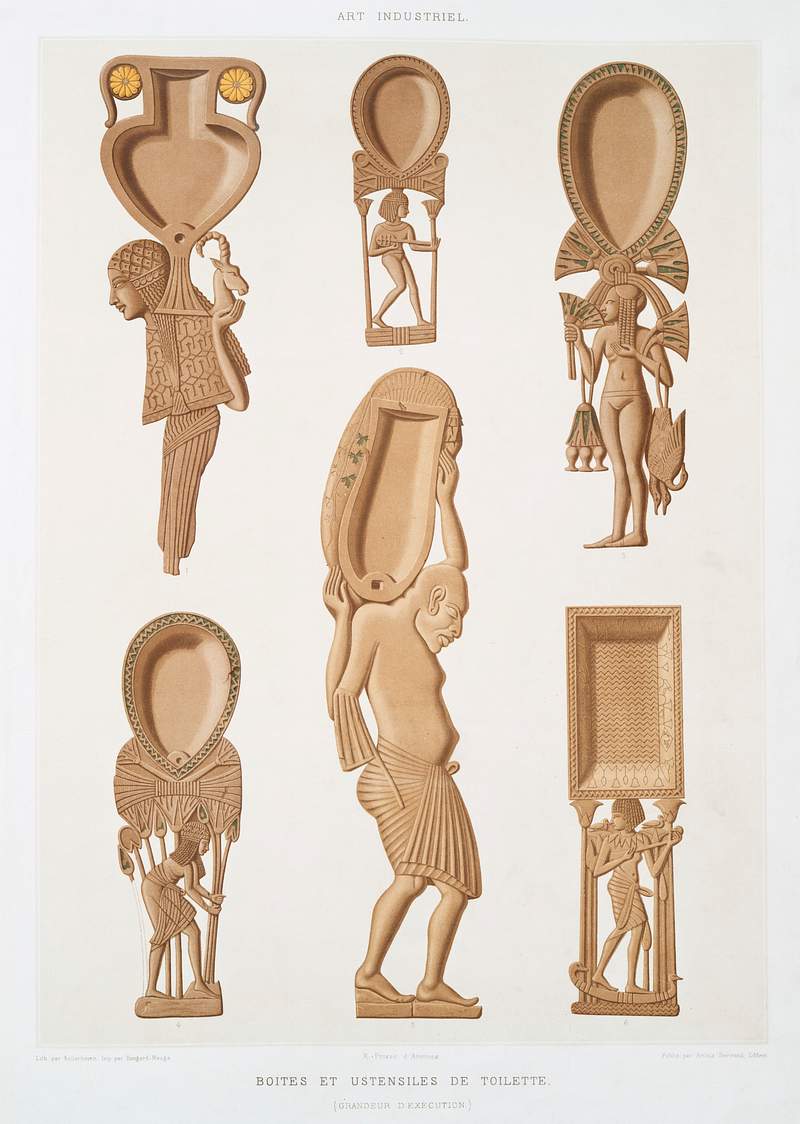 Boxes and utensils from Histoire de l'art égyptien (1878) by Émile Prisse d'Avennes. Original from The New York…