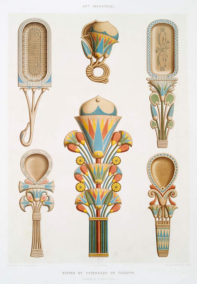 Boxes and utensils from Histoire de l'art égyptien (1878) by Émile Prisse d'Avennes. Original from The New York…