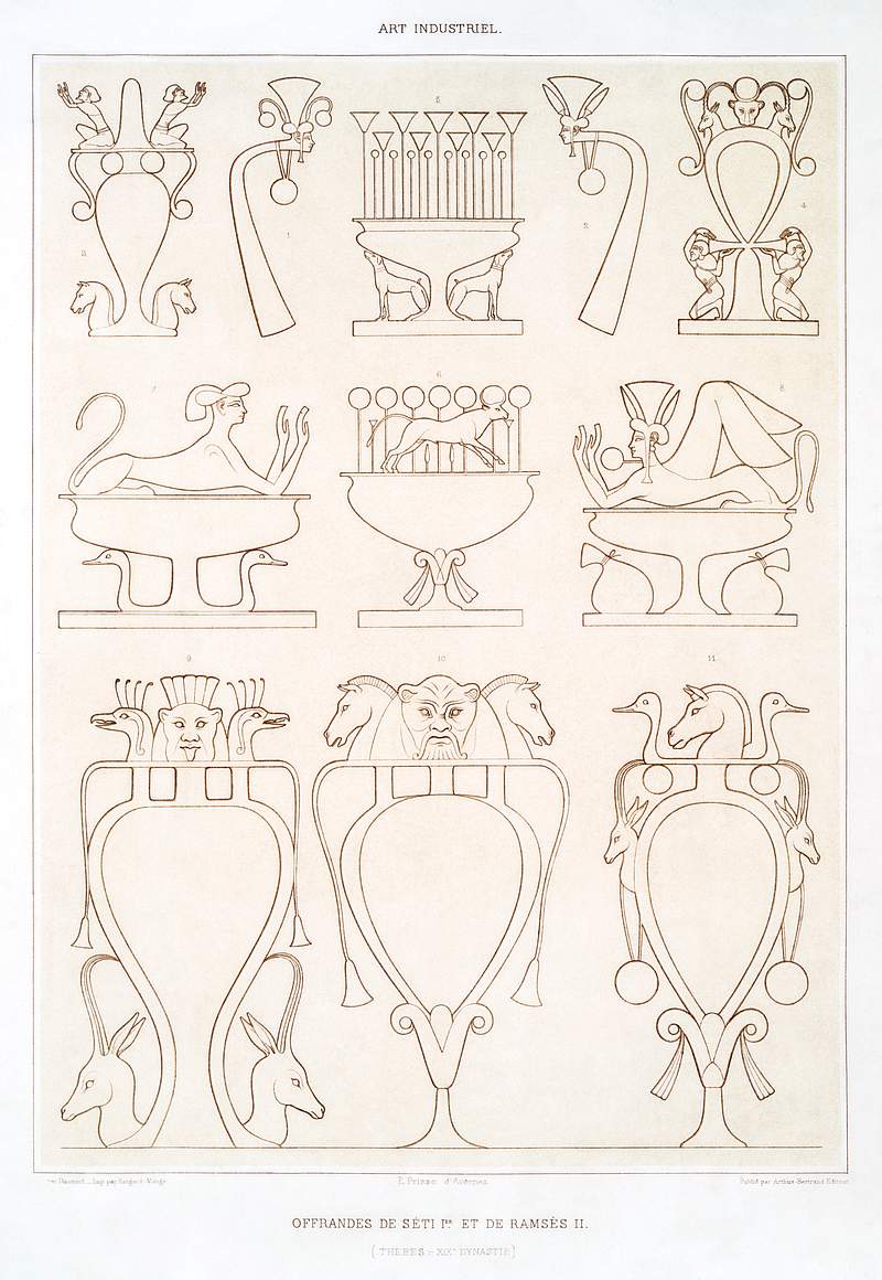 Offerings of Seti I and Ramses II from Histoire de l'art égyptien (1878) by Émile Prisse d'Avennes. Original…