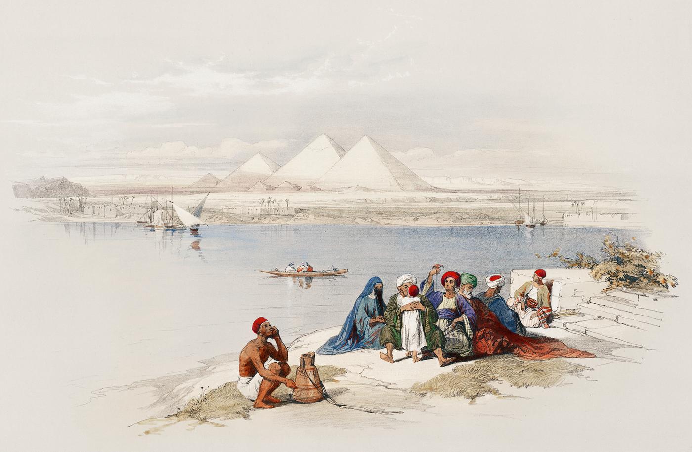Pyramids of Gezeeh (Giza) from the Nile illustration by David Roberts (1796–1864). Original from The New York Public... Pyramids of Gezeeh (Giza) from the Nile illustration by David Roberts (1796–1864). Original from The New York Public...