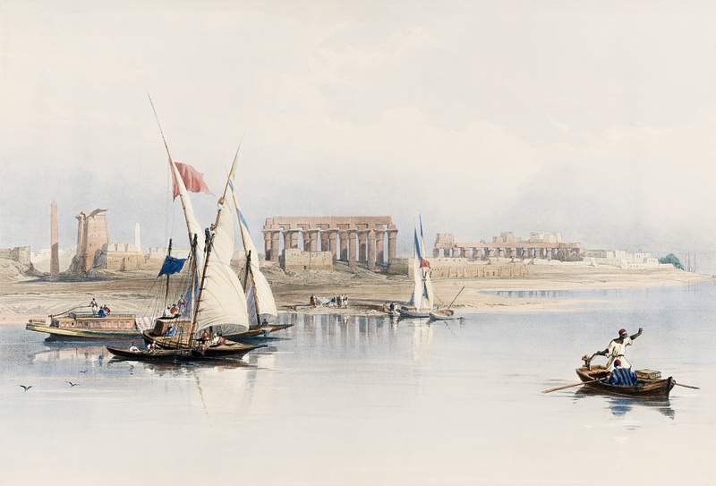 General view of the ruins of Luxor from the Nile illustration by David Roberts (1796–1864). Original from The New York…