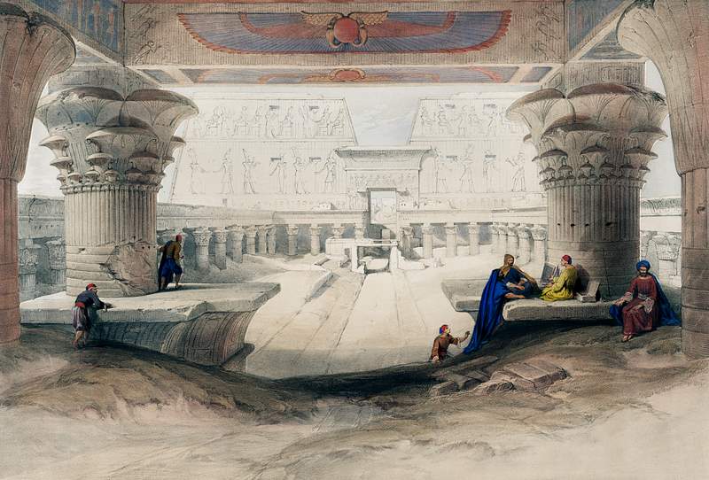 View from under the portico of Temple of Edfou in upper Egypt illustration by David Roberts (1796–1864). Original from…