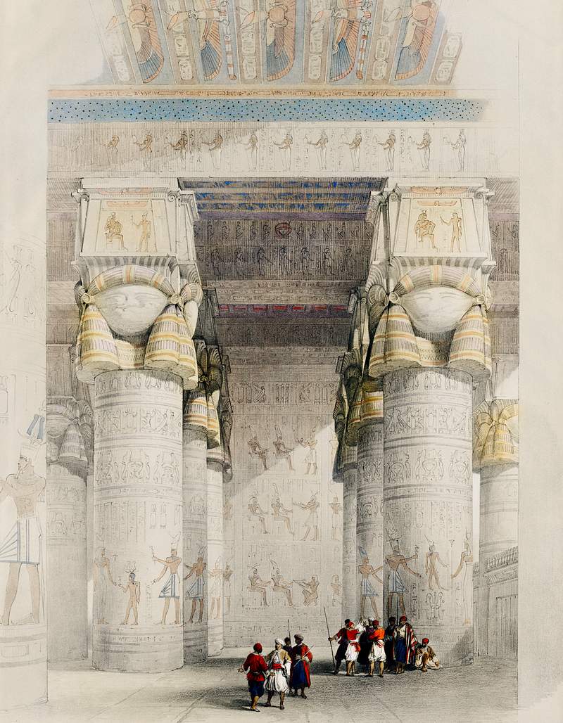 View from under the portico of the Temple of Dendera (Dandara) illustration by David Roberts (1796–1864). Original from…