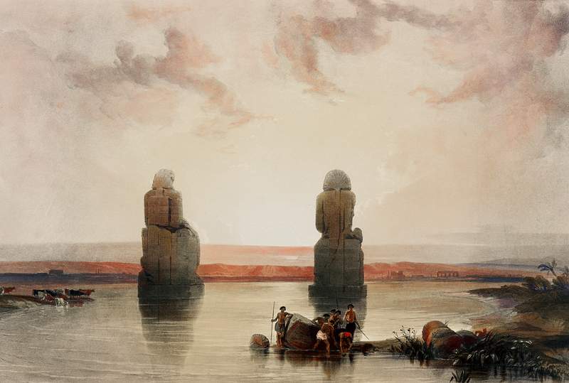 Statues of Memnon at Thebes during the inundation illustration by David Roberts (1796–1864). Original from The New York…