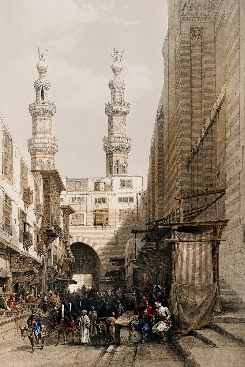 Minarets and grand entrance of the Metwaleys at Cairo illustration by David Roberts (1796–1864). Original from The New…