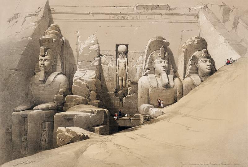Front elevation of the Great Temple of Aboosimble Nubia illustration by David Roberts (1796–1864). Original from The…