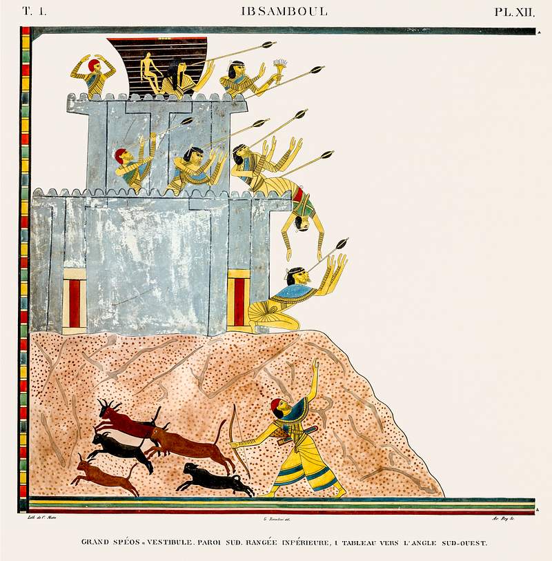 Great Speos: vestibule, south wall, lower row and Painting of southwest corner from Monuments de l'Égypte et de la…