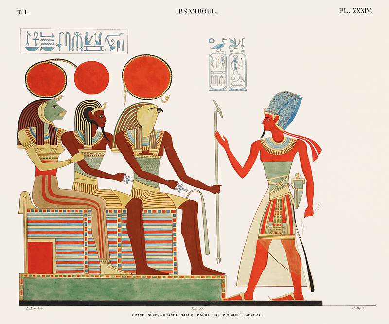 Great speos: Great hall, east wall. First painting from Monuments de l'Égypte et de la Nubie (1835–1845) by Jean…