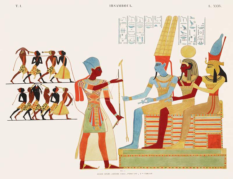 Great speos: Great hall, east wall. Second painting from Monuments de l'Égypte et de la Nubie (1835–1845) by…