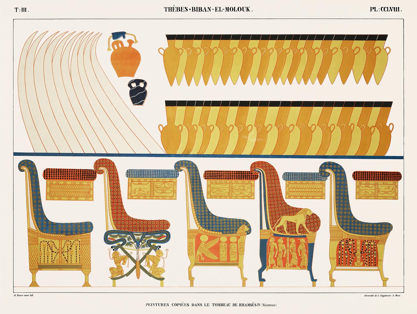 Vintage illustration of Paintings copied from the tomb of Ramses IV. Vintage illustration of Paintings copied from the tomb of Ramses IV.
