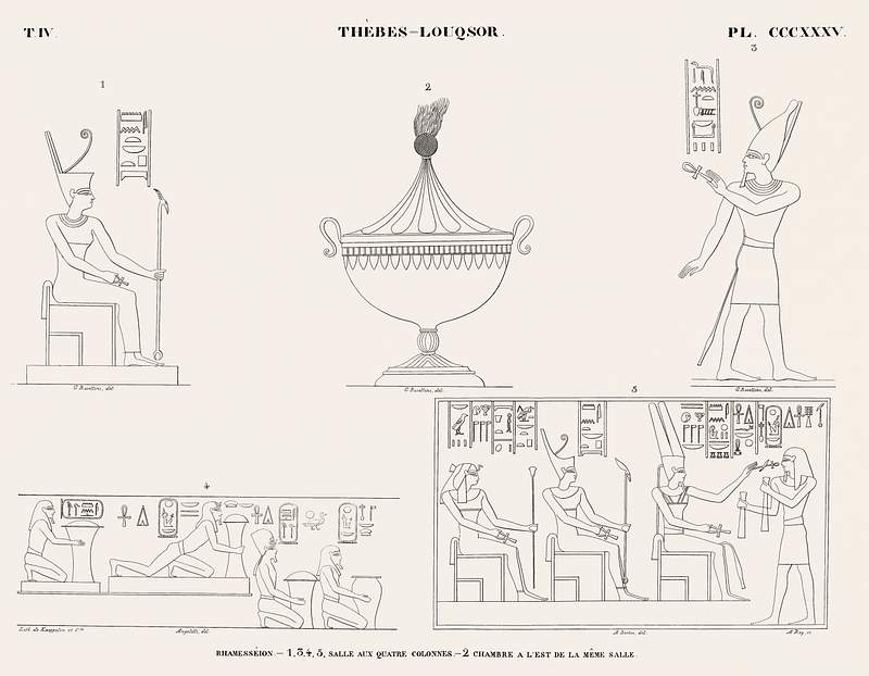 Hall with four columns and East room of the same hall from Monuments de l'Égypte et de la Nubie (1835–1845) by…
