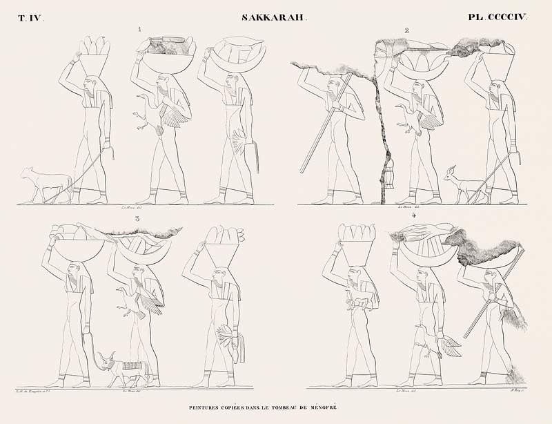 Paintings copied from the tomb of Ménofré from Monuments de l'Égypte et de la Nubie (1835–1845) by…