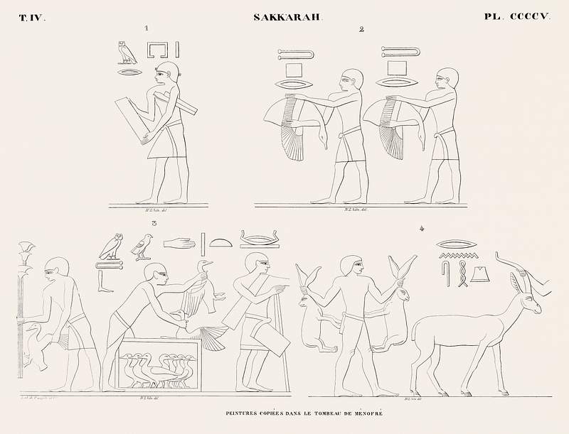 Paintings copied from the tomb of Ménofré from Monuments de l'Égypte et de la Nubie (1835–1845) by…