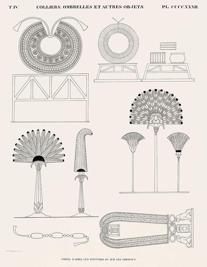 Necklaces, umbrellas and other objects copied from the paintings or the originals from Monuments de l'Égypte et de la…