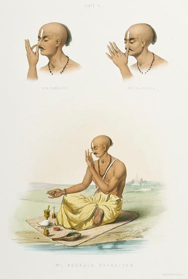 1. Pooruck Pranaiyam 2. Kumbuck 3. Raichuck from The Sundhya or the Daily Prayers of the Brahmins (1851) by Sophie Charlotte Belnos (1795–1865). 1. Pooruck Pranaiyam 2. Kumbuck 3. Raichuck from The Sundhya or the Daily Prayers of the Brahmins (1851) by Sophie Charlotte…