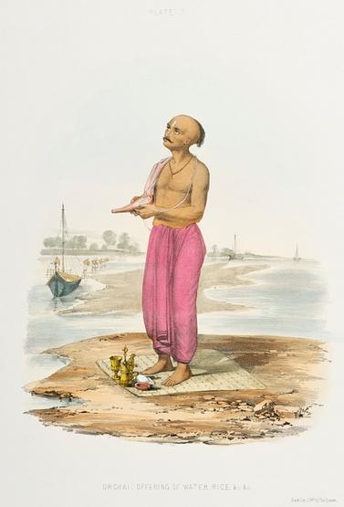 Urghai offering of water from The Sundhya or the Daily Prayers of the Brahmins (1851) by Sophie Charlotte Belnos (1795–1865). Urghai offering of water from The Sundhya or the Daily Prayers of the Brahmins (1851) by Sophie Charlotte Belnos…