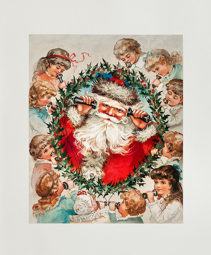 Vintage Santa Claus on a Christmas card Santa Claus on string phones listening to the children from The Miriam And Ira D. Wallach Division Of Art, Prints and…