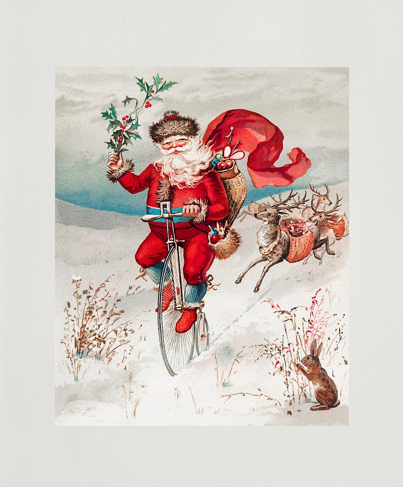 Vintage Santa Claus on a Christmas card Santa Claus on a penny farthing with reindeer trailing and a rabbit from The Miriam And Ira D. Wallach Division Of Art…