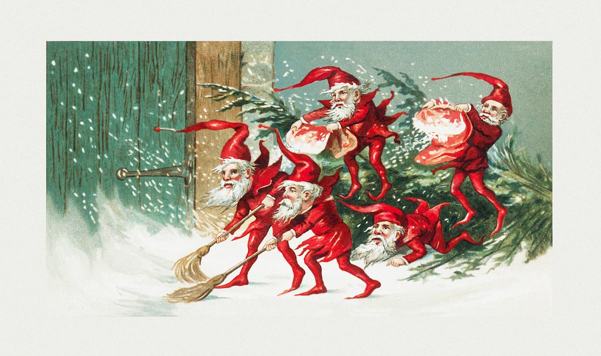 If Elves Existed In The Present Day Santa elves sweeping snow from The | Free Photo - rawpixel