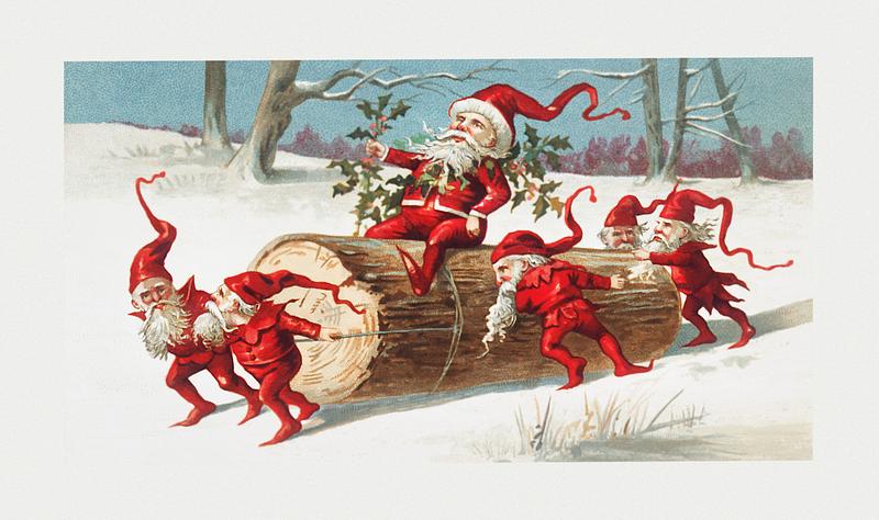 Vintage Santa elves Christmas illustration Santa elves sliding on a log from The Miriam and Ira D. Wallach Division Of Art, Prints and Photographs: Picture Collection…