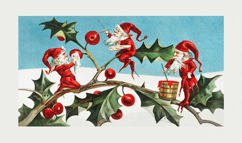 Vintage Santa elves Christmas illustration Santa elves painting berries on holly leaves from The Miriam and Ira D. Wallach Division Of Art, Prints and Photographs:…