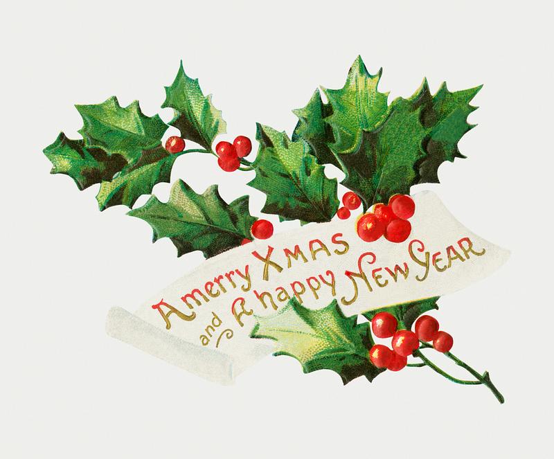 Vintage Christmas holly branch Vintage holly branch vector featuring Merry X'mas and A Happy New Year wish