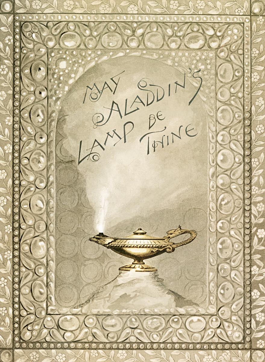 Christmas card design with Aladdin's lamp | Free public domain illustration Christmas and birthday cards with poems from Aladdin's Lamp by Joaquin Miller's poem published by L. Prang & Co. Original…