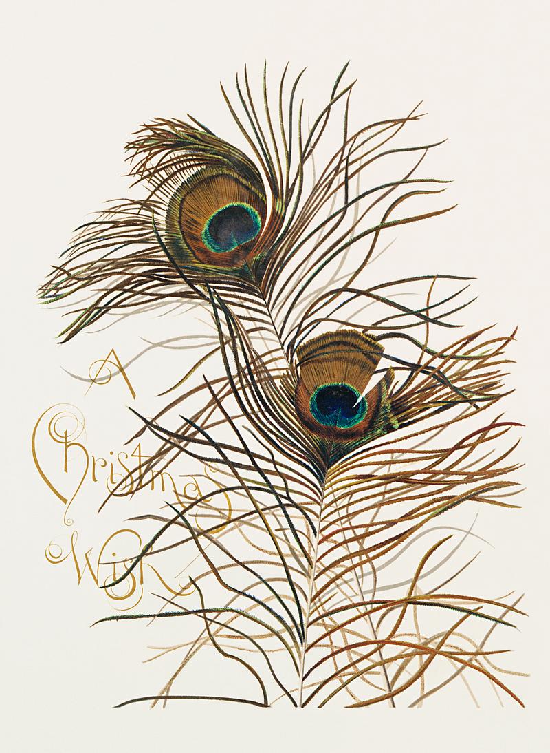 Christmas card with peacock feathers Aladdin's Lamp Christmas and birthday cards with poems by Joaquin Miller, peacock feathers