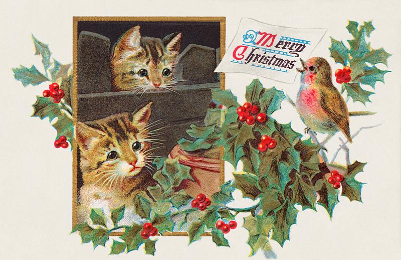 Cats Christmas card design Merry Christmas (1911) from The Miriam and Ira D. Wallach Division of Art, Prints and Photographs: Picture Collection.…