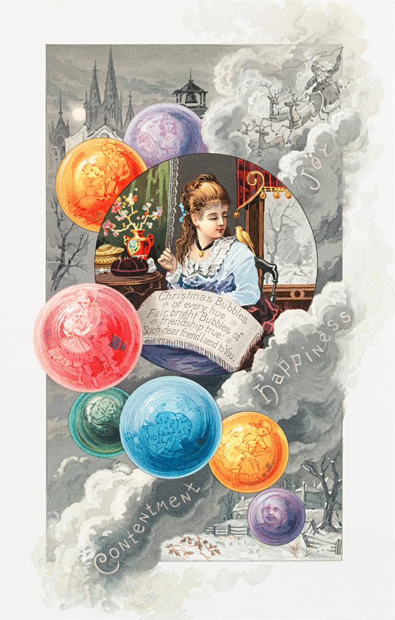 Vintage Christmas card with a woman & baubles Christmas card depicting needlework from The Miriam and Ira D. Wallach Division of Art, Prints and Photographs: Picture…