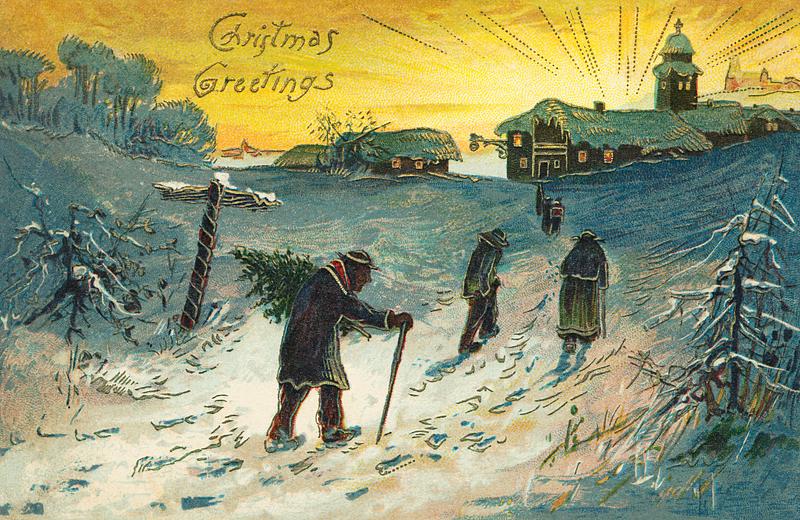 Vintage Christmas card design Villagers walking on a snowy day (1907) from The Miriam and Ira D. Wallach Division Of Art, Prints and Photographs: Picture…