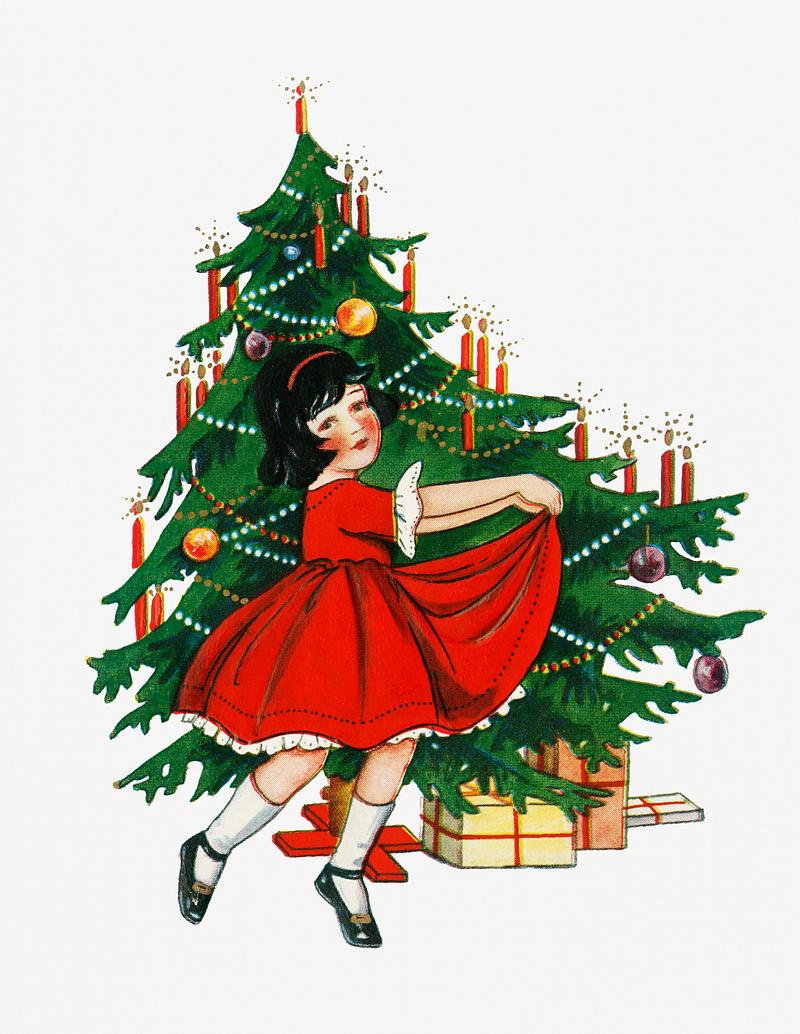 Little girl celebrating Christmas Little girl dancing next to a Christmas tree with gift boxes underneath