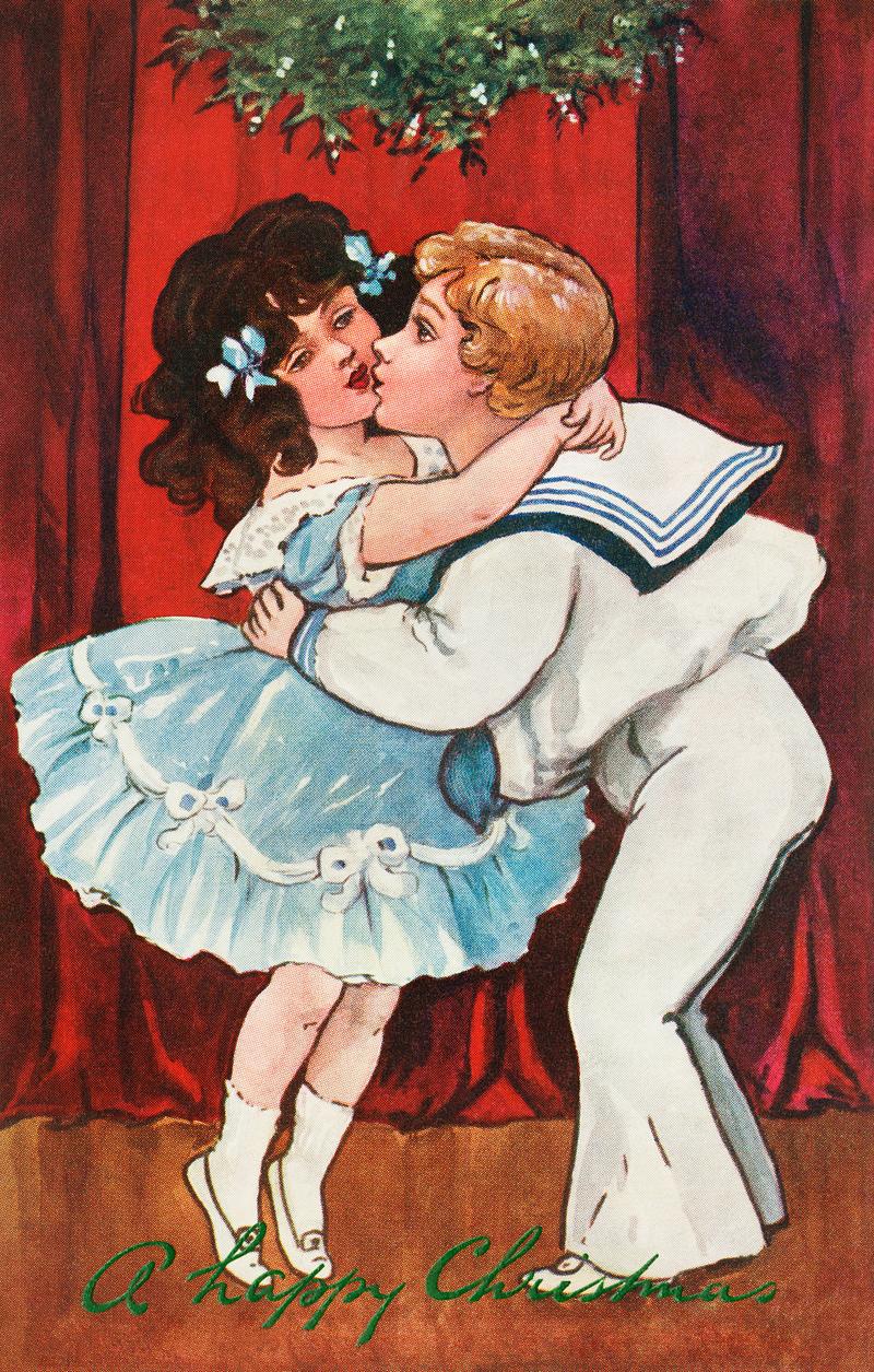 Mistletoe kiss on a Christmas card A happy Christmas (1905) from The Miriam And Ira D. Wallach Division Of Art, Prints and Photographs: Picture Collection by H.…