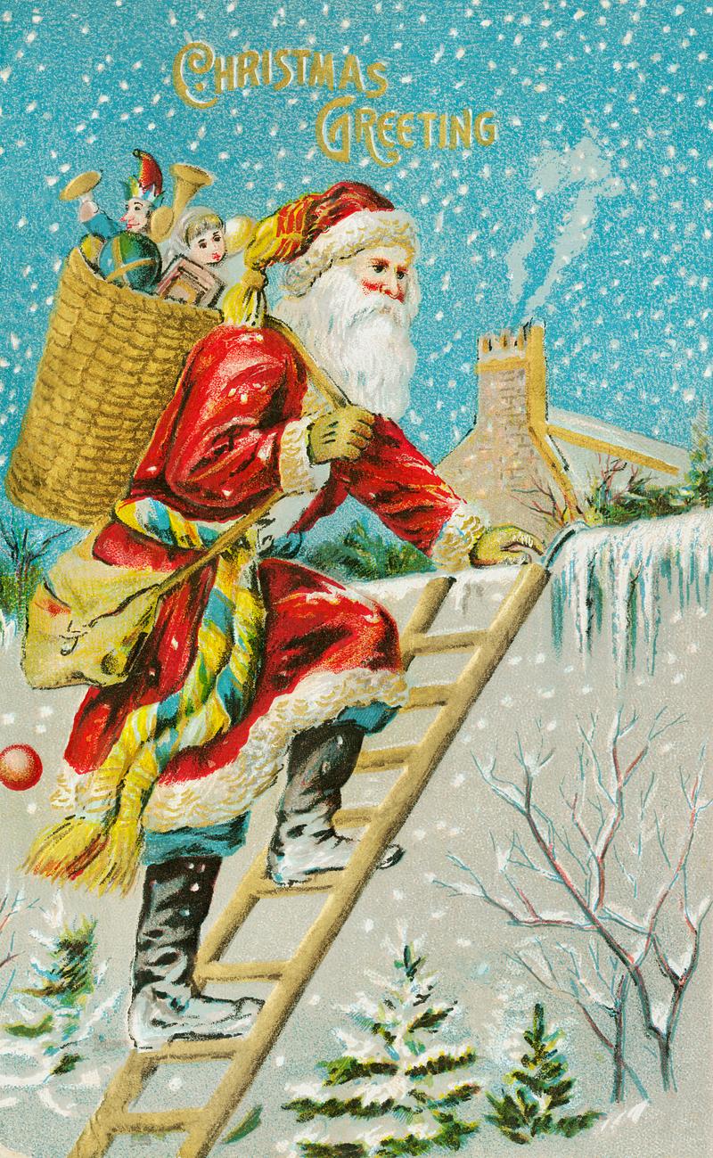 Christmas card with Santa delivering gifts Christmas greeting (ca.1900s) from The Miriam And Ira D. Wallach Division Of Art, Prints and Photographs: Picture Collection…