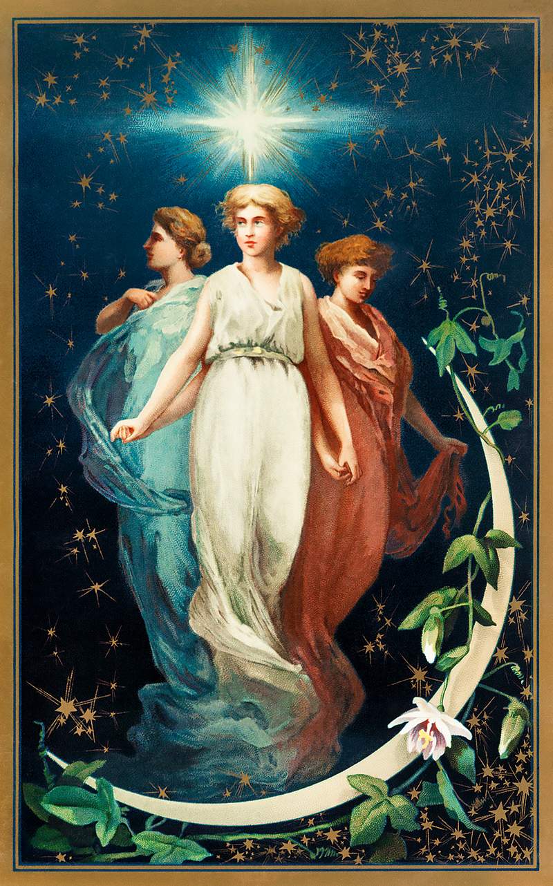 Christmas cards depicting angels, stars, women, the moon and decorative designs from The Miriam And Ira D. Wallach Division…