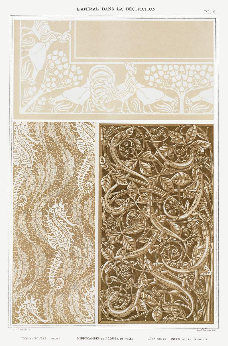 Coqs et poules, damassé; hippocampes et algues, dentelle; lézards et ronces, grille en bronze from L'animal…