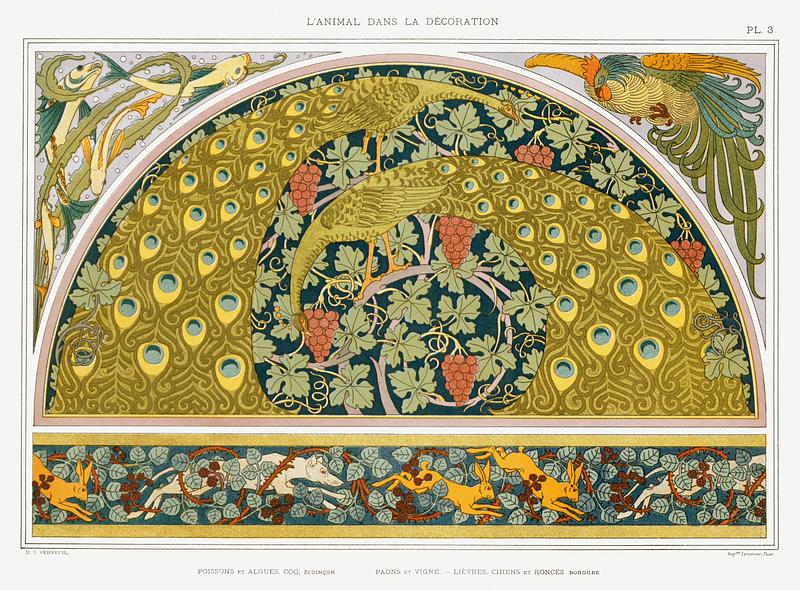 Illustration from L'animal dans la décoration Poissons et algues, coq, écoinçon; paons et vigne; lièvres, chiens et ronces, bordure
from L'animal dans…