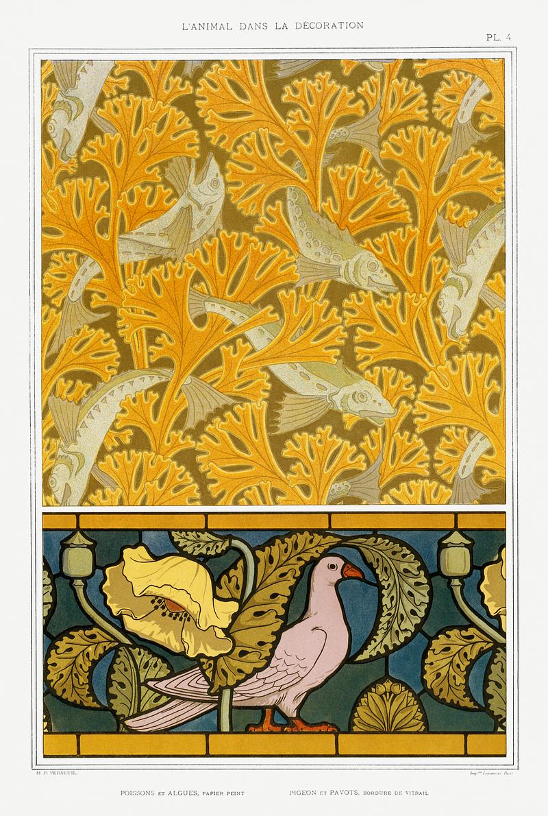 Illustration from L'animal dans la décoration Poisson et algues, papier peint; pigeon et pavots, bordure de vitrail from L'animal dans la décoration (1897)…