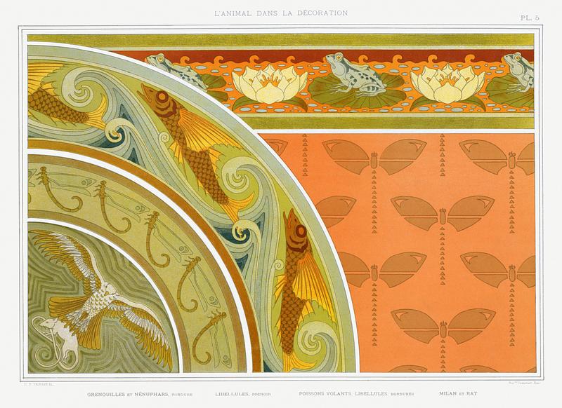 Illustration from L'animal dans la décoration Grenouilles et nénuphars, bordure; libellules, pochoir; poissons volants, libellules, bordures; milan et rat from…