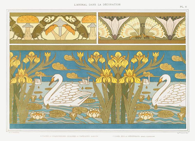 Lucanes et champignons, oxalides et papillons, bordure; cygnes, iris et nénuphars, émail cloisonnéfrom…