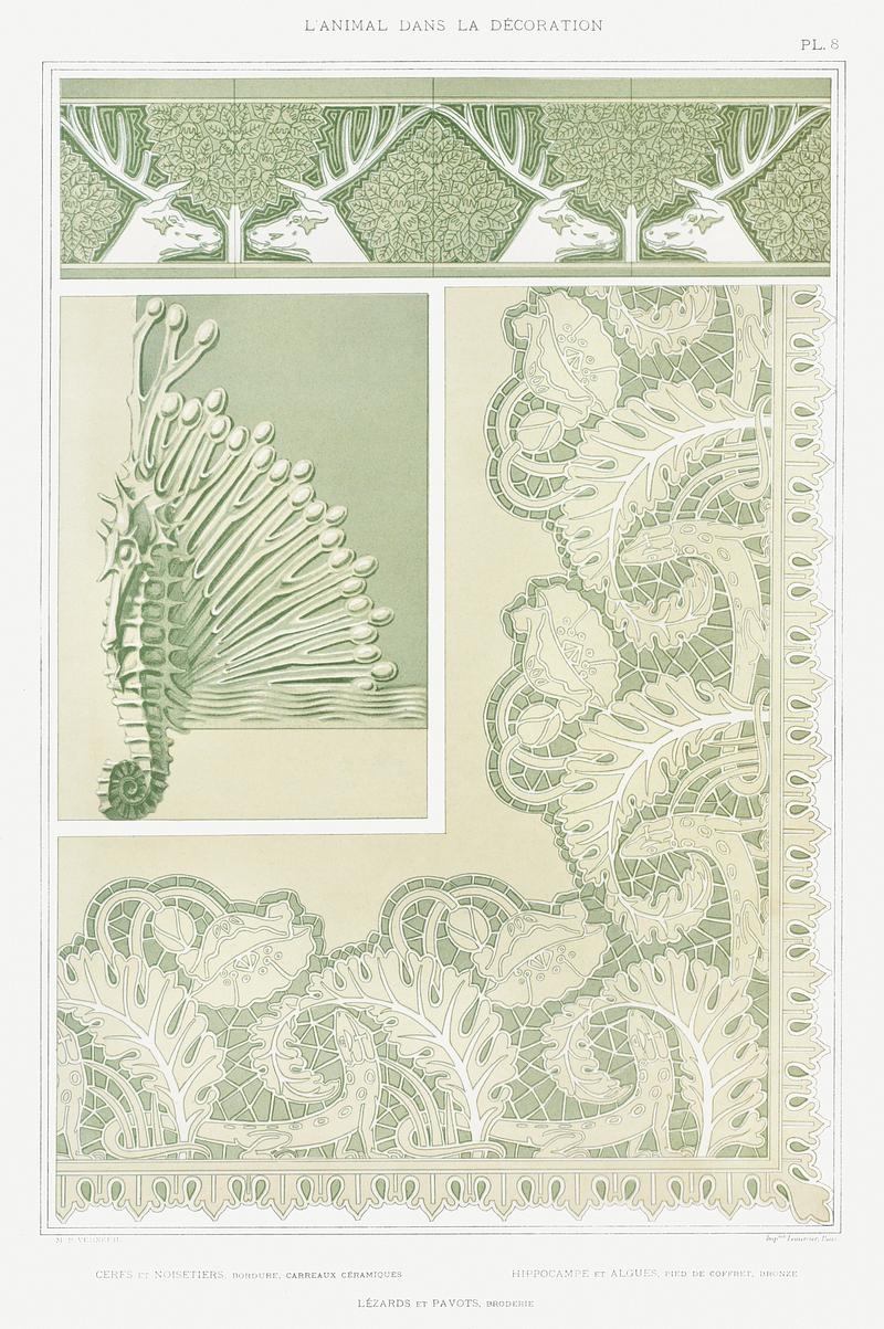 Illustration from L'animal dans la décoration Cerfs et noisetiers, bordure, carreaux céramiques; hippocampe et algues, pied de coffret, bronze; lézards et…
