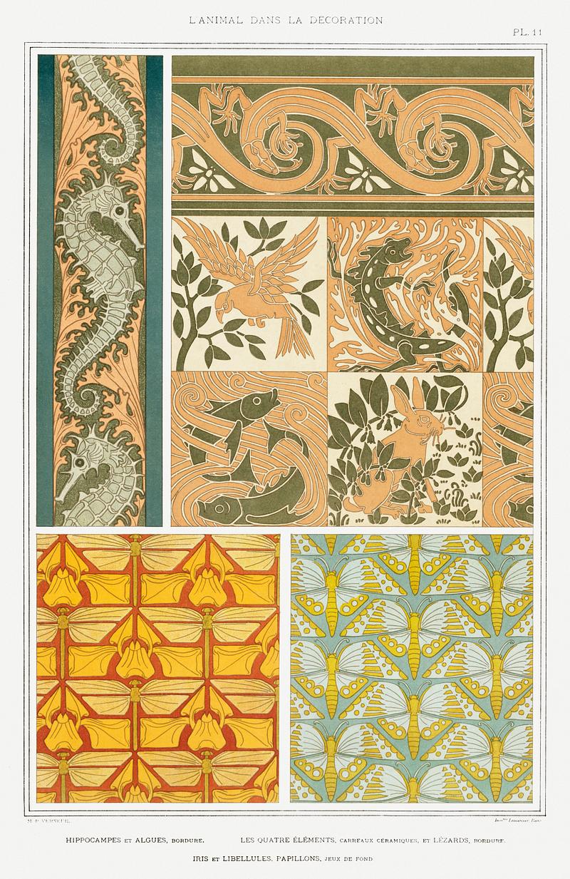 Illustration from L'animal dans la décoration Hippocampes et algues, bordure. Les quatre éléments, carreaux céramiques, et lézards, bordure.…