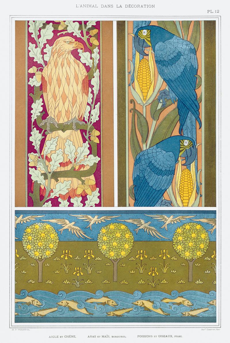 Illustration from L'animal dans la décoration Aigle et chêne, aras et maïs, bordures. Poissons et oiseaux, frise from L'animal dans la décoration (1897)…