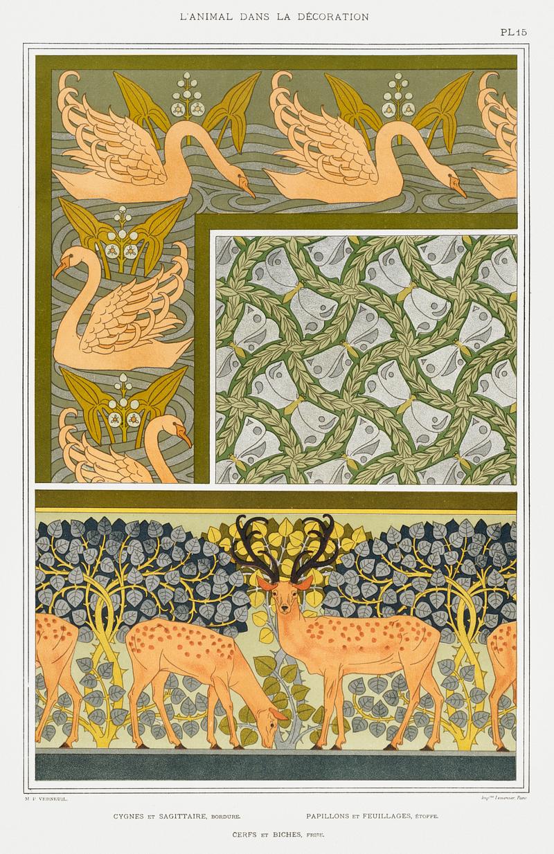 Illustration from L'animal dans la décoration Cygnes et sagittaire, bordure. Pappillons et feuillages, étoffe. Cerfs et biches, frise from L'animal dans la…