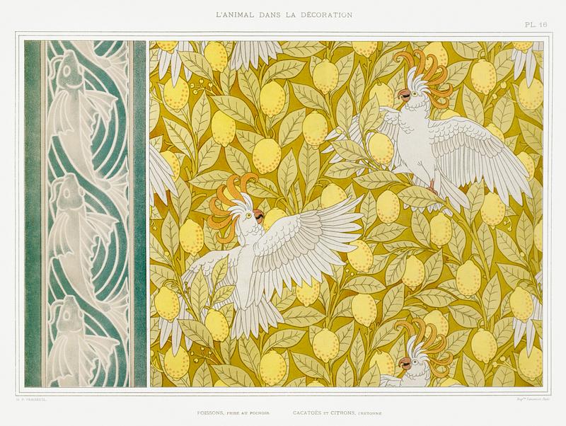 Illustration from L'animal dans la décoration Poissons, frise au pochoir. Cacatoës et citrons, cretonne from L'animal dans la décoration (1897) illustrated by…