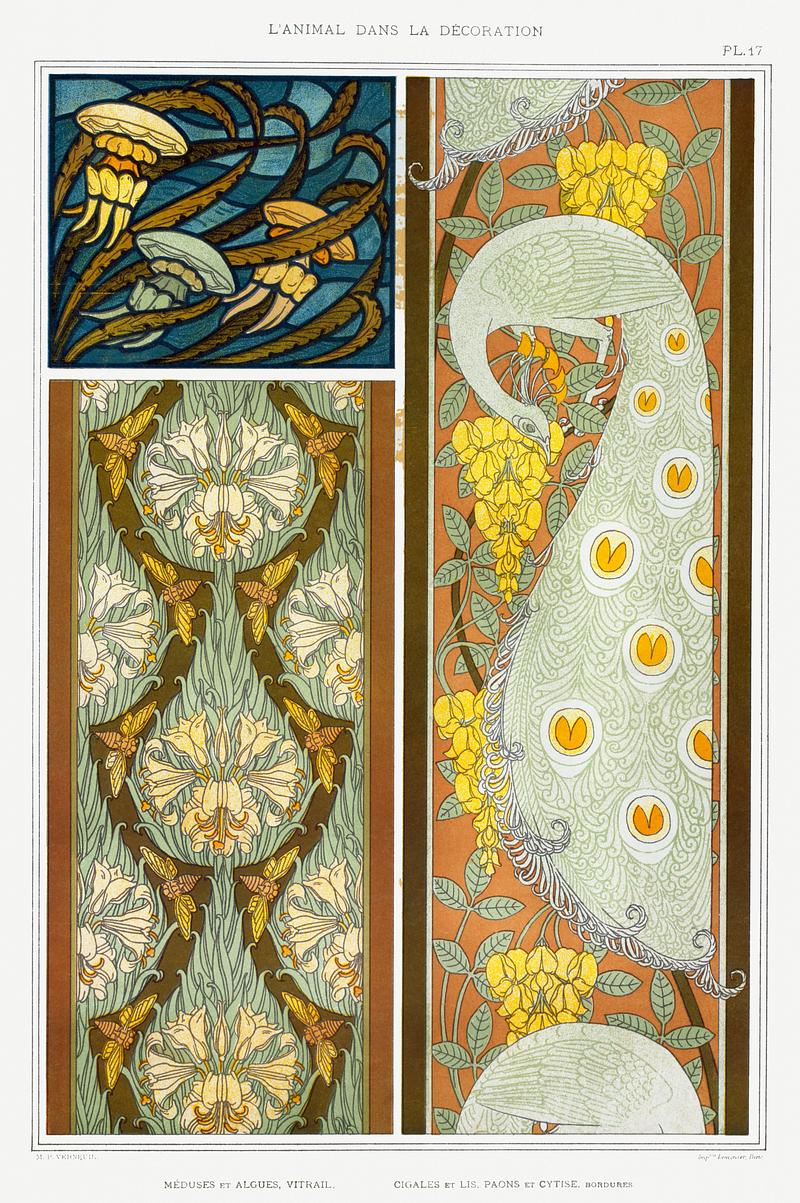Illustration from L'animal dans la décoration Méduses et algues, vitrail. Cigales et lis, paons et cytise, bordures from L'animal dans la décoration (1897)…