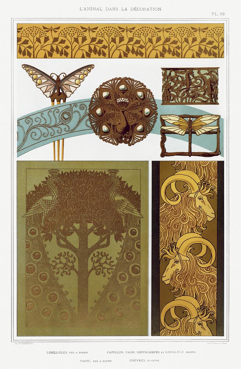 Illustration from L'animal dans la décoration Libellules, fer à dorer; papillon, paon, hippocampes et libellule, bijoux; paons, fer à dorer; chèvres…