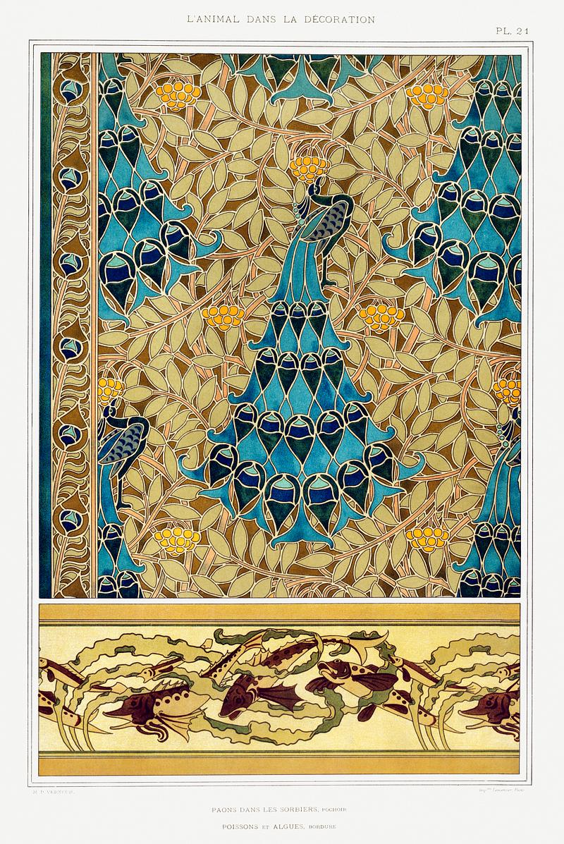 Illustration from L'animal dans la décoration Paons dans les sorbiers, pochoir; poissons et algues, bordure from L'animal dans la décoration (1897) illustrated by…